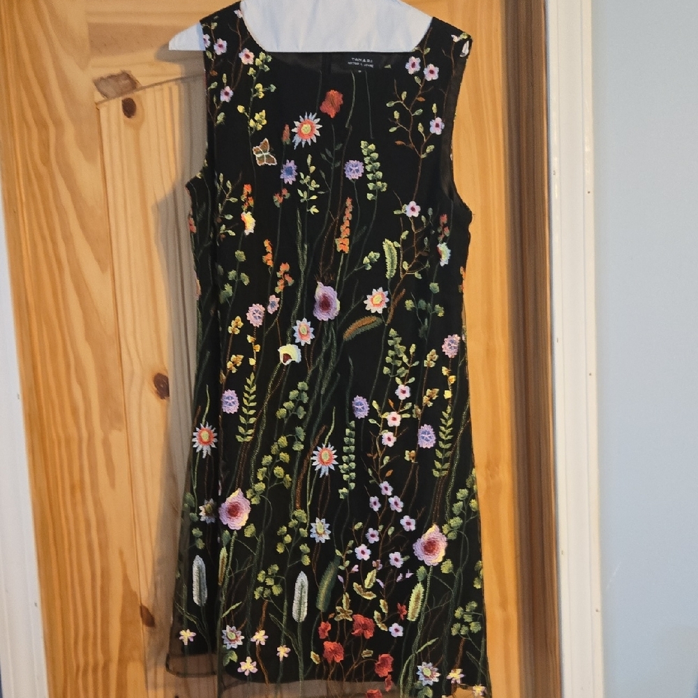 Tahari ASL Black Mini Dress with Colorful Floral Embroidery